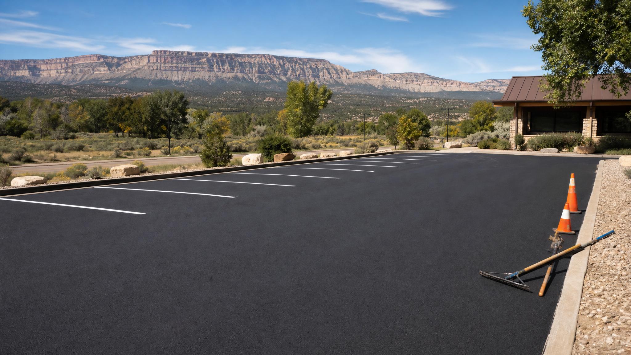 Finished asphalt parking lot in a Western Colorado setting